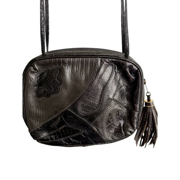 Vintage Black Leather Sharif Patchwork Crossbody Tassel Bag - Picture 2 of 5